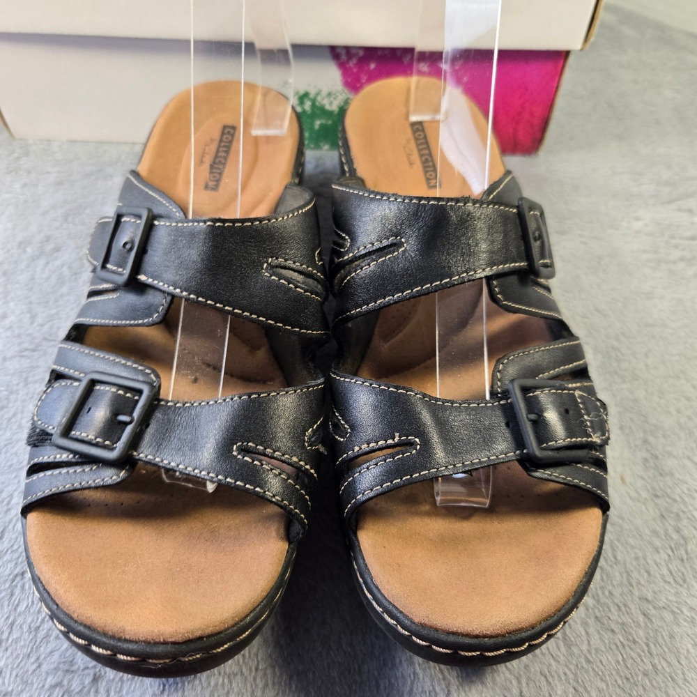 Clarks Leisa Vine Black Leather Strappy Wedge Slide Sandals Womens 8.5M - Picture 3 of 7